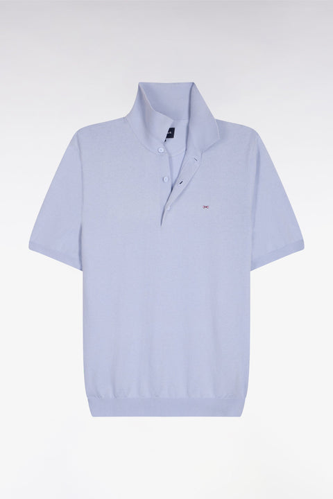 Pull manches courtes col polo en coton et soie mélangés bleu ciel - Image 2