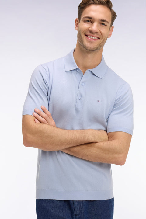 Pull manches courtes col polo en coton et soie mélangés bleu ciel - Image 1