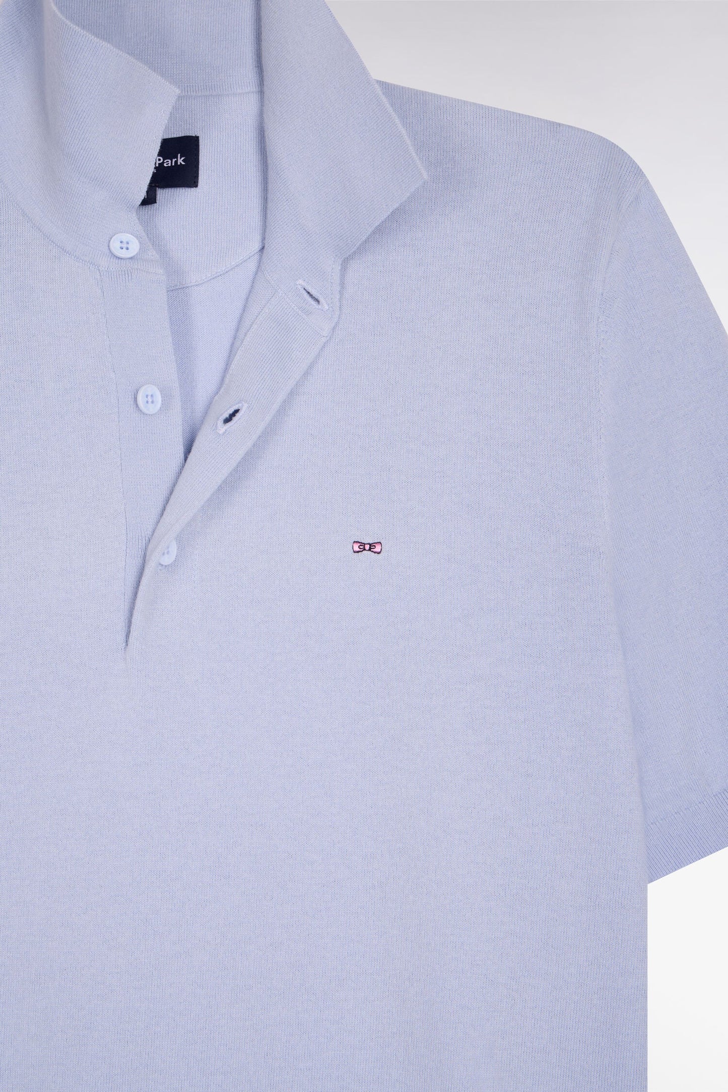 Pull manches courtes col polo en coton et soie mélangés bleu ciel