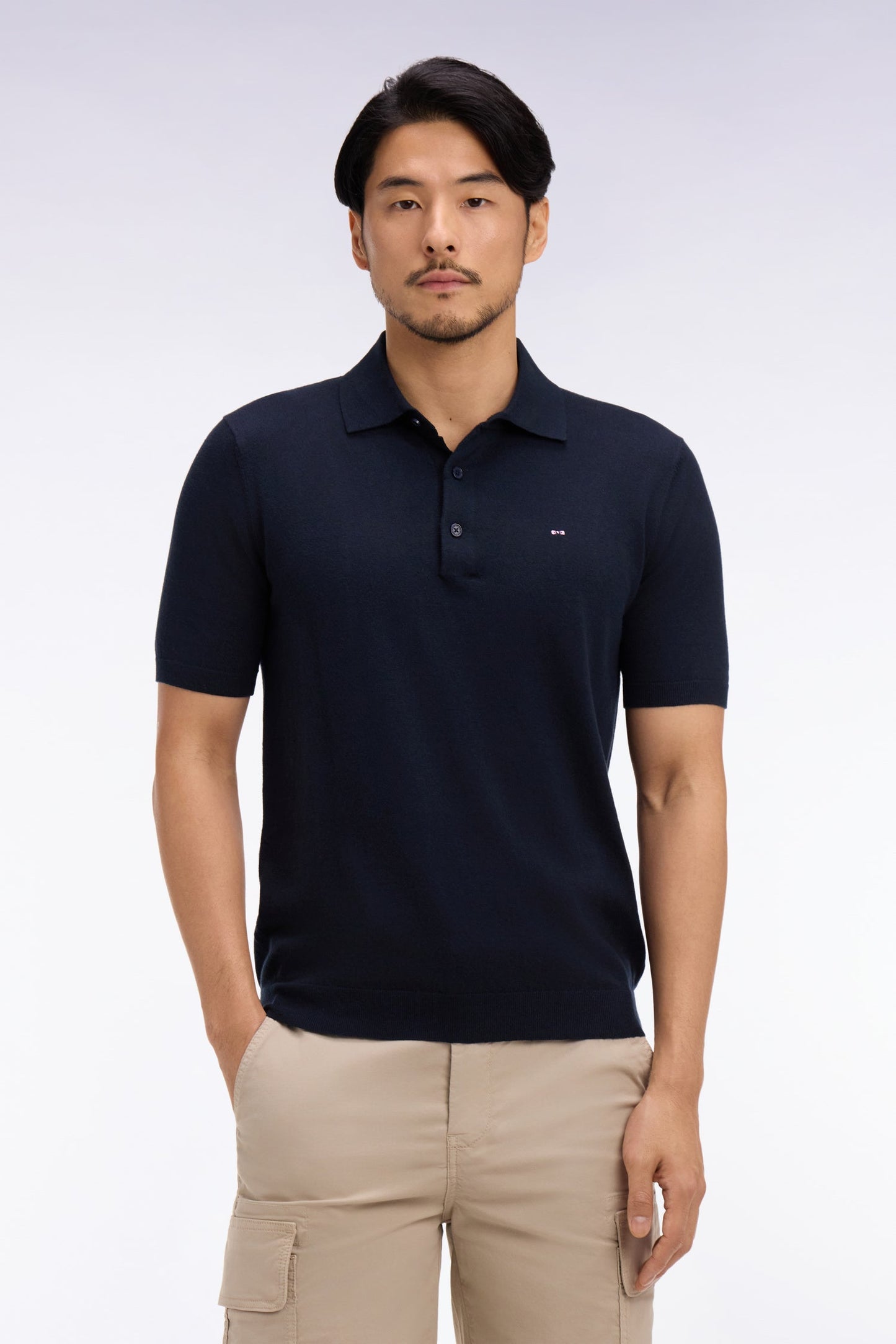 Pull manches courtes col polo en coton et soie mélangés marine