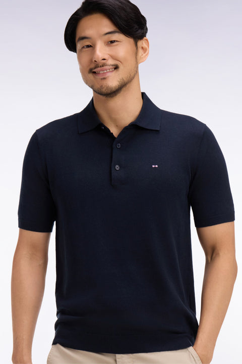 Pull manches courtes col polo en coton et soie mélangés marine - Image 1