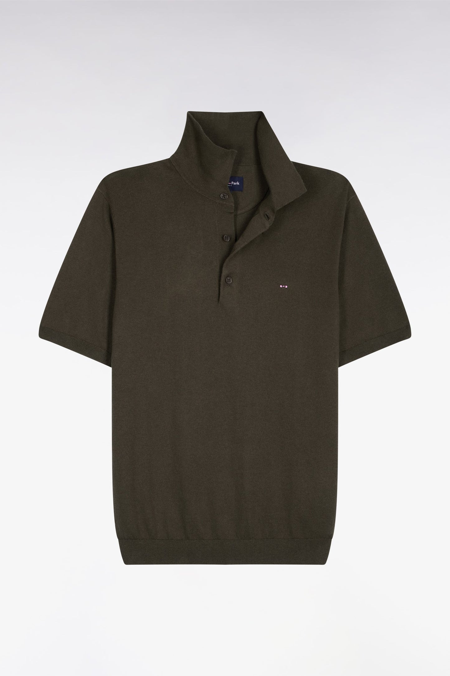 Pull manches courtes col polo en coton et soie mélangés kaki
