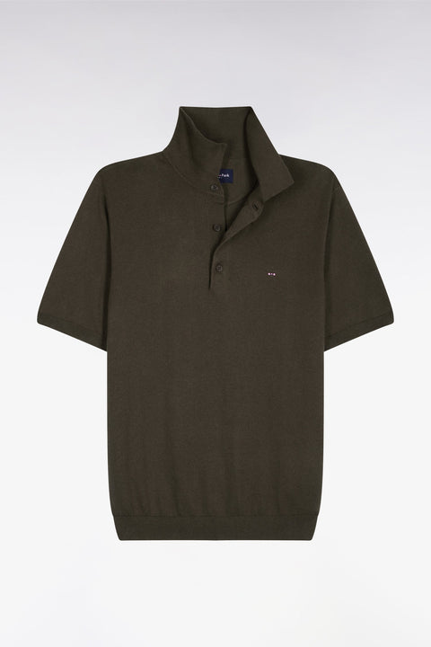 Pull manches courtes col polo en coton et soie mélangés kaki - Image 2