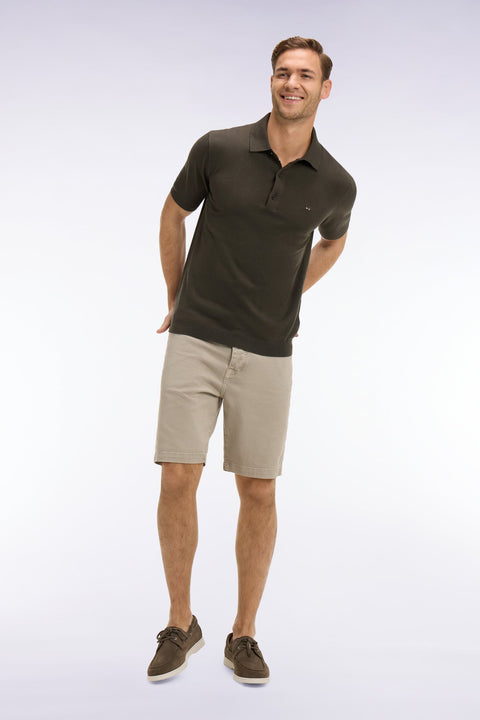 Pull manches courtes col polo en coton et soie mélangés kaki - Image 1