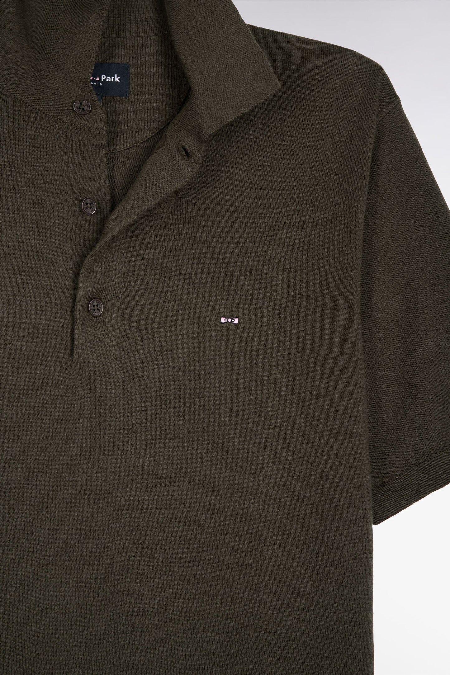 Pull manches courtes col polo en coton et soie mélangés kaki