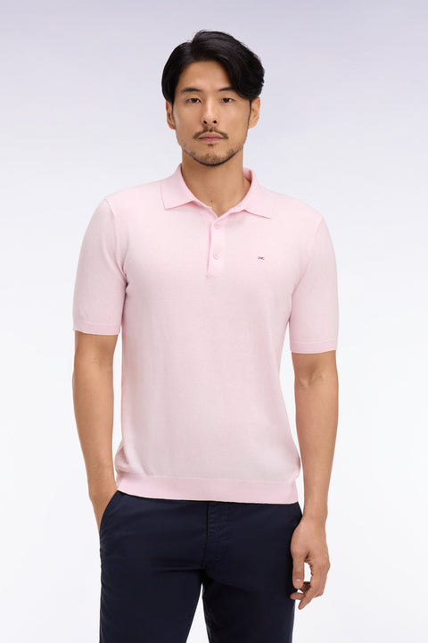 Pull manches courtes col polo en coton et soie mélangés rose - Image 3