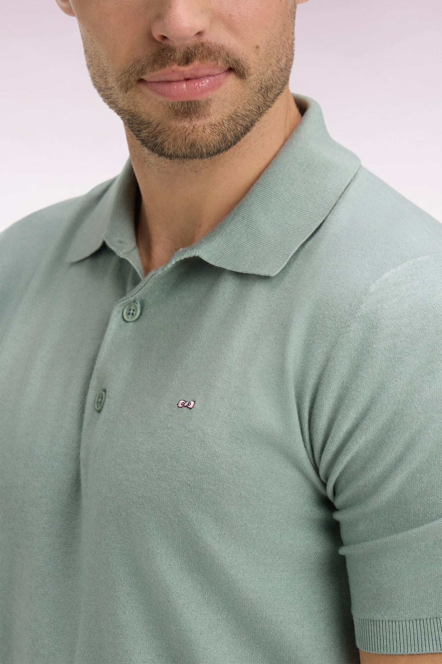 Pull manches courtes à col polo en coton et lyocell mélangés vert d'eau