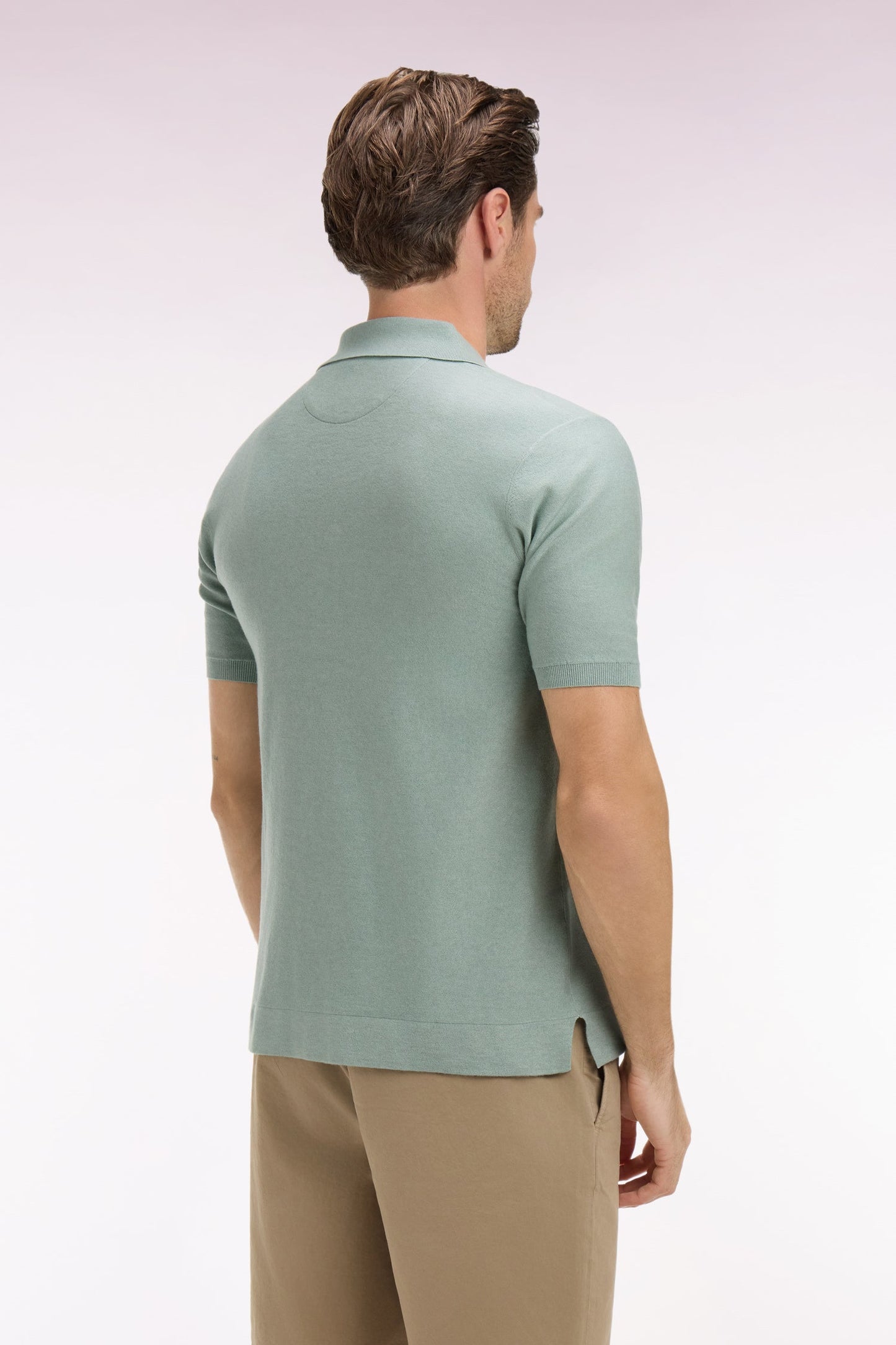 Pull manches courtes à col polo en coton et lyocell mélangés vert d'eau