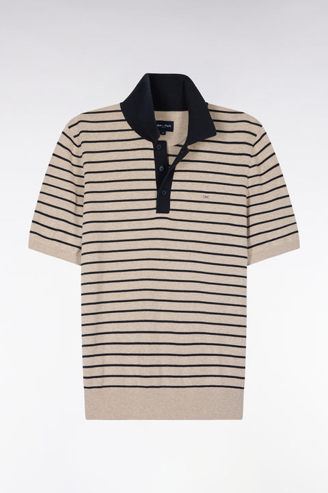 Pull manches courtes à col polo en coton beige rayé - Image 2