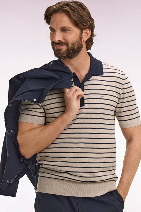 Pull manches courtes à col polo en coton beige rayé - Image 1