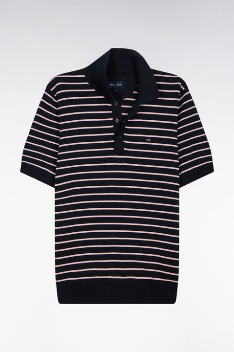 Pull manches courtes à col polo en coton marine rayé - Image 2