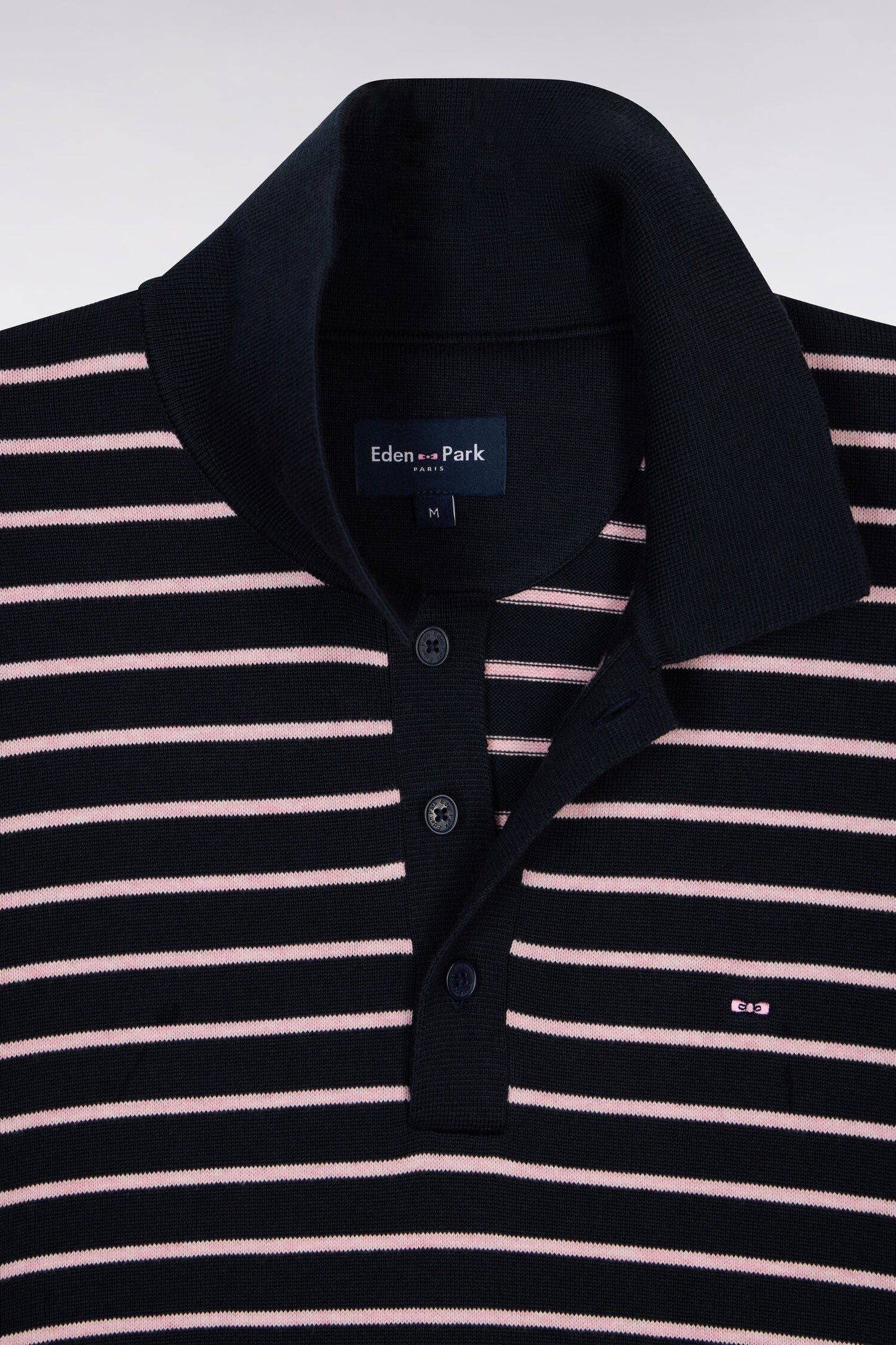 Pull manches courtes à col polo en coton marine rayé