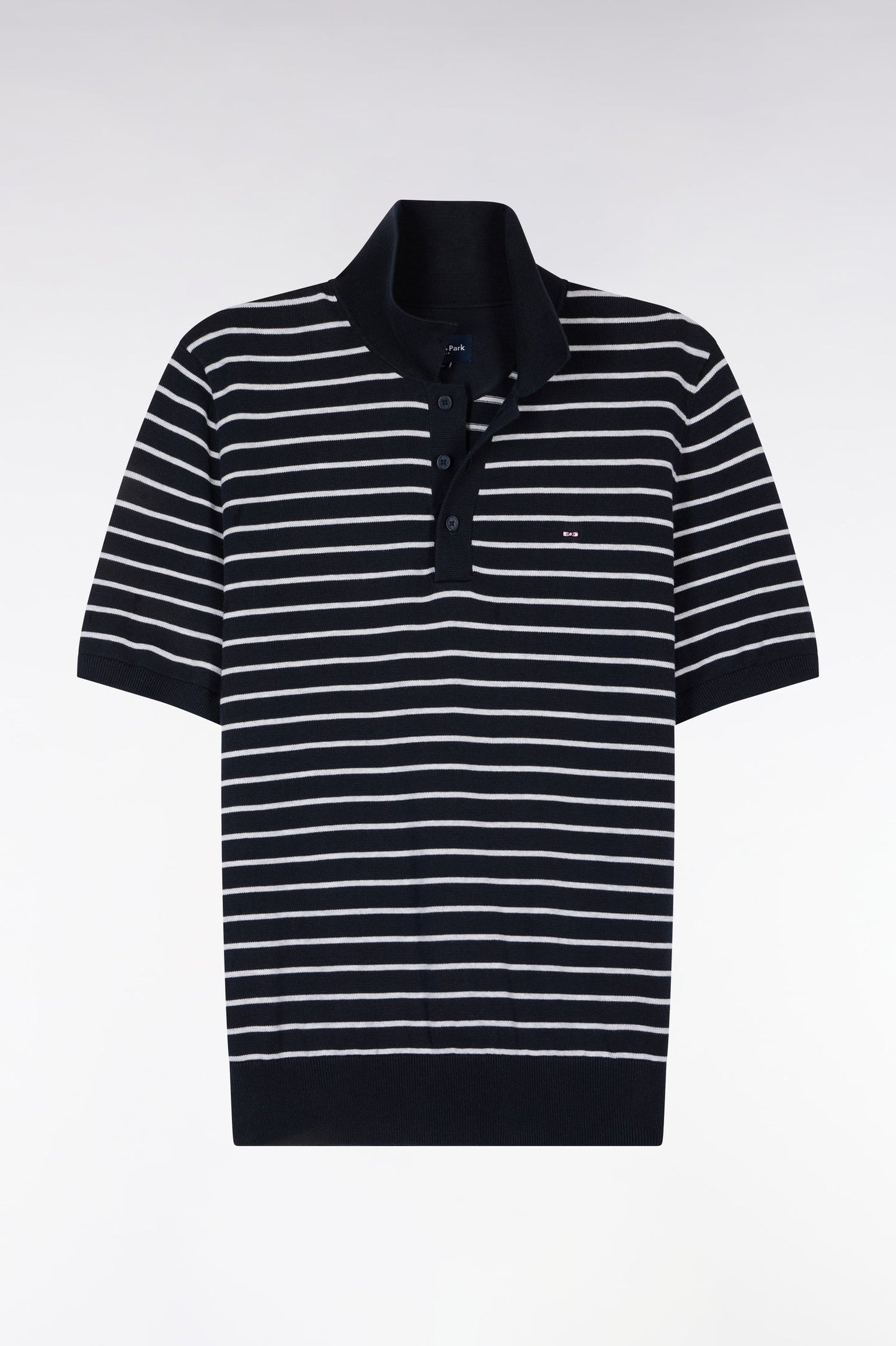 Pull manches courtes à col polo en coton gris rayé