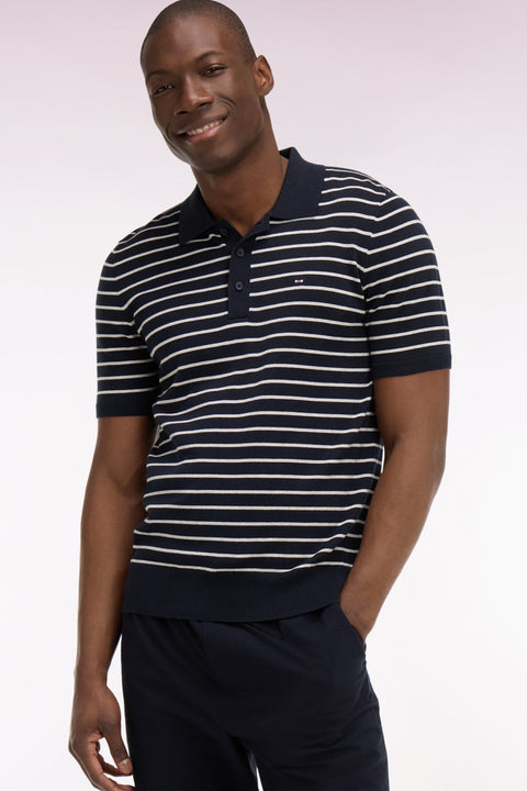 Pull manches courtes à col polo en coton gris rayé - Image 1