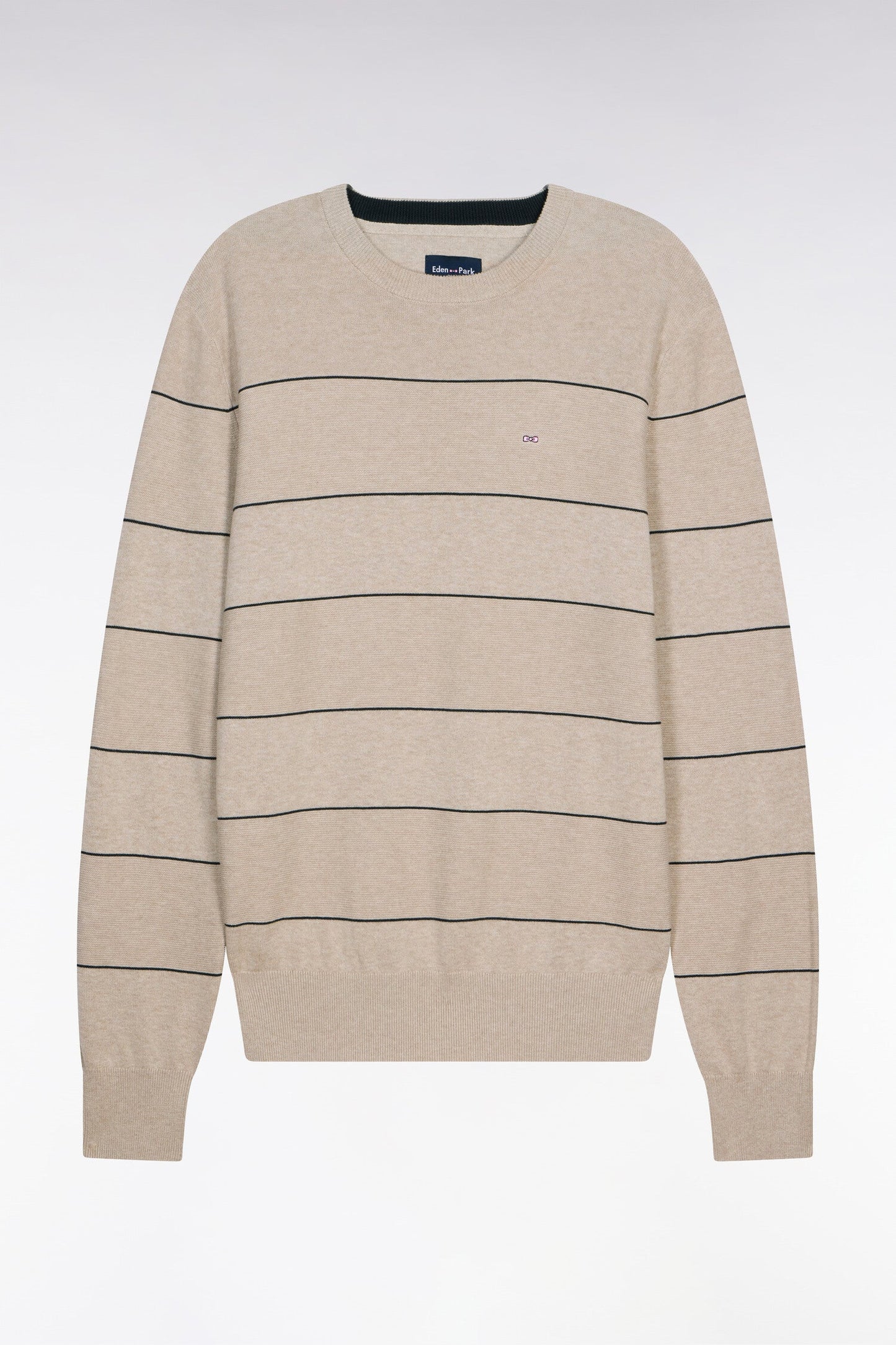 Pull col rond en coton beige rayé
