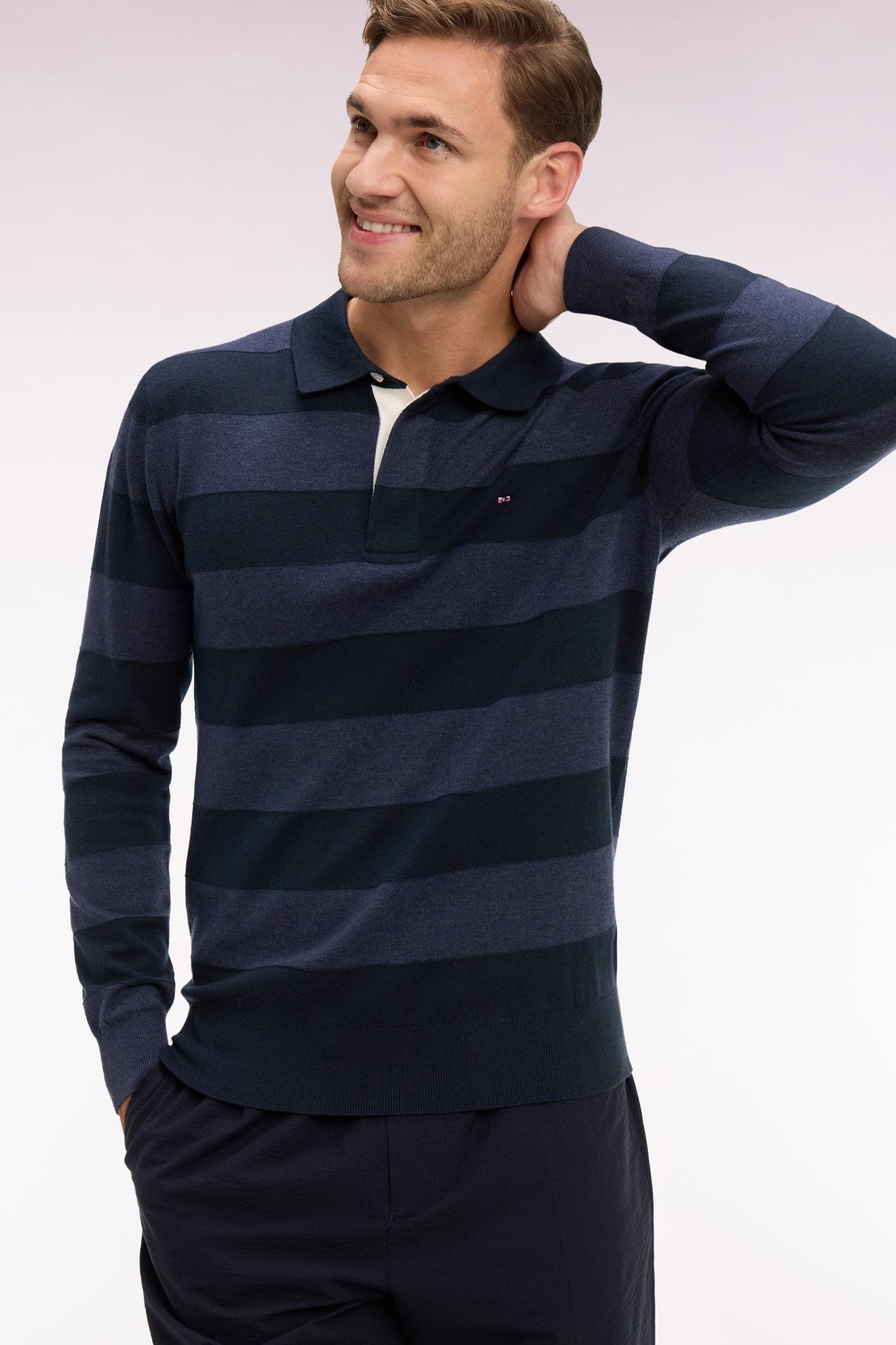 Pull col maillot rayé en coton et lyocell mélangés marine