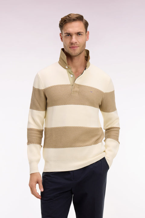 Pull col maillot rayé en coton écru et beige - Image 3