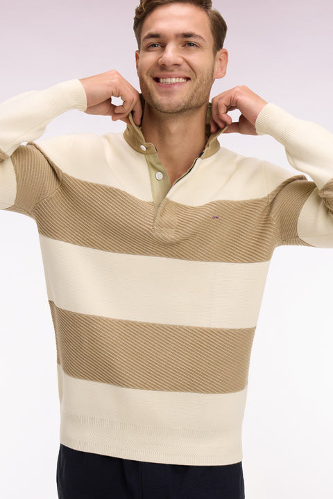Pull col maillot rayé en coton écru et beige - Image 1