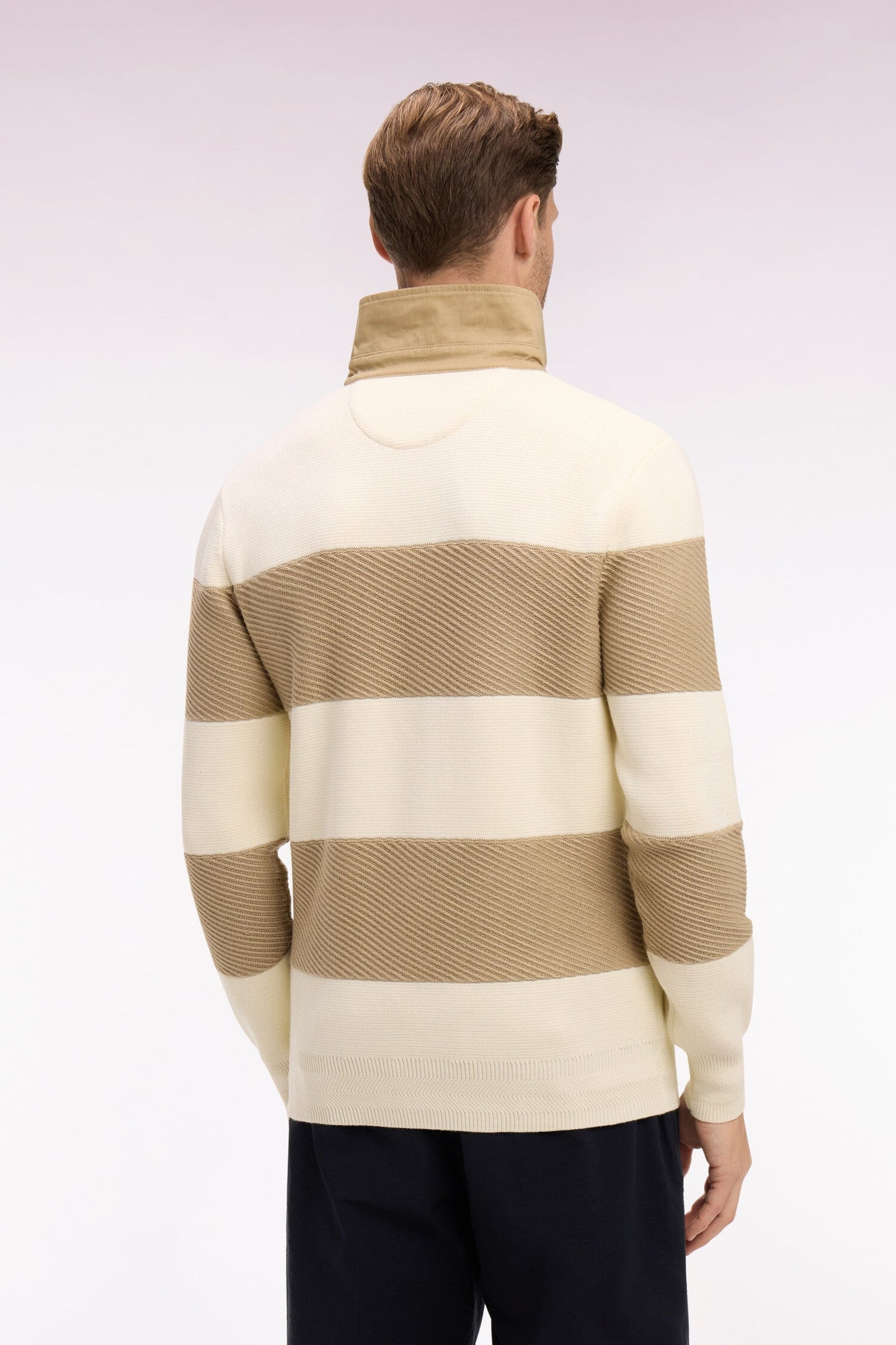 Pull col maillot rayé en coton écru et beige
