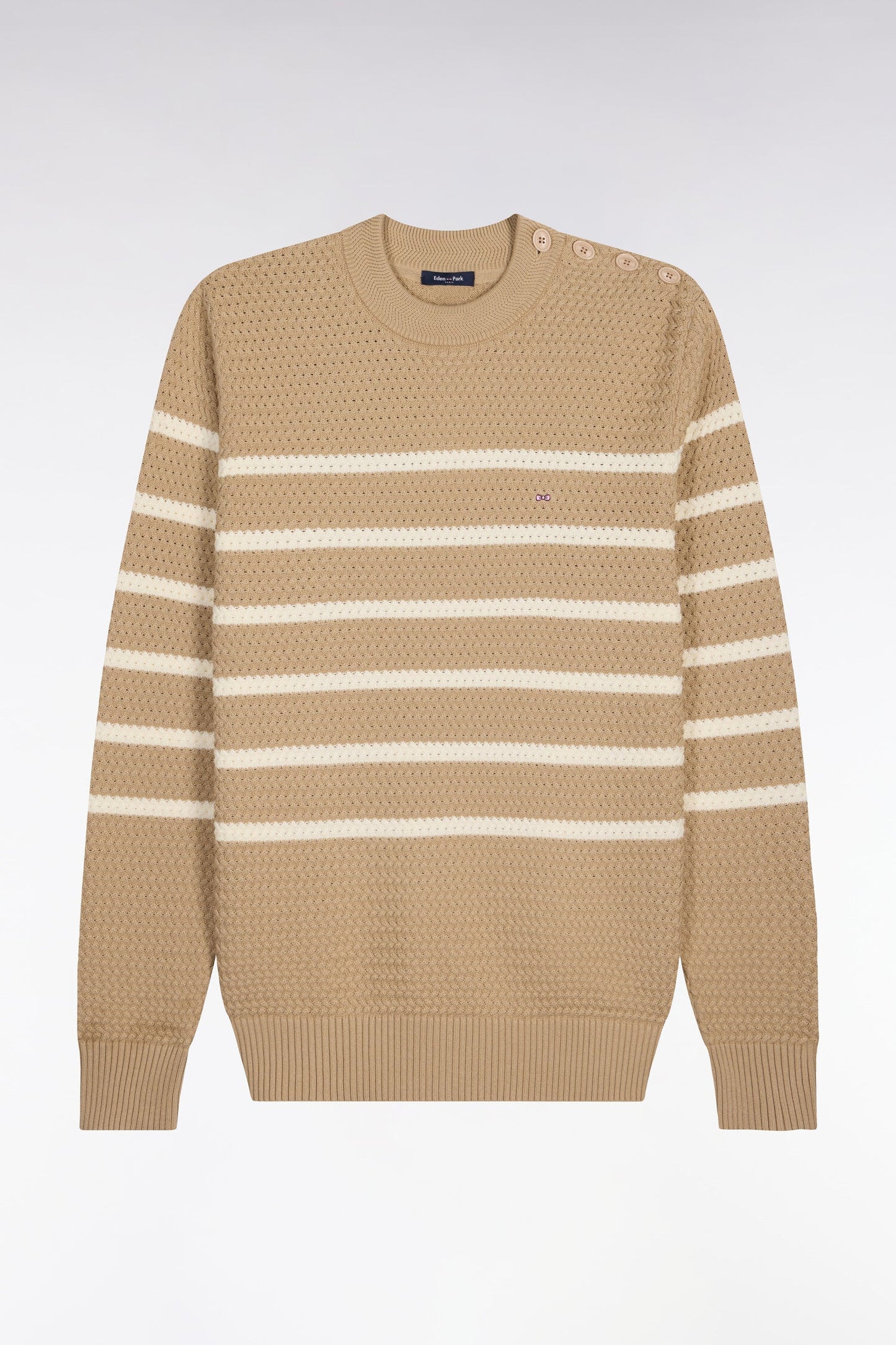 Pull marin à épaule boutonnée en coton chevron beige