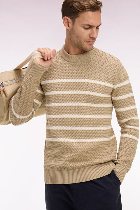 Pull marin à épaule boutonnée en coton chevron beige - Image 1