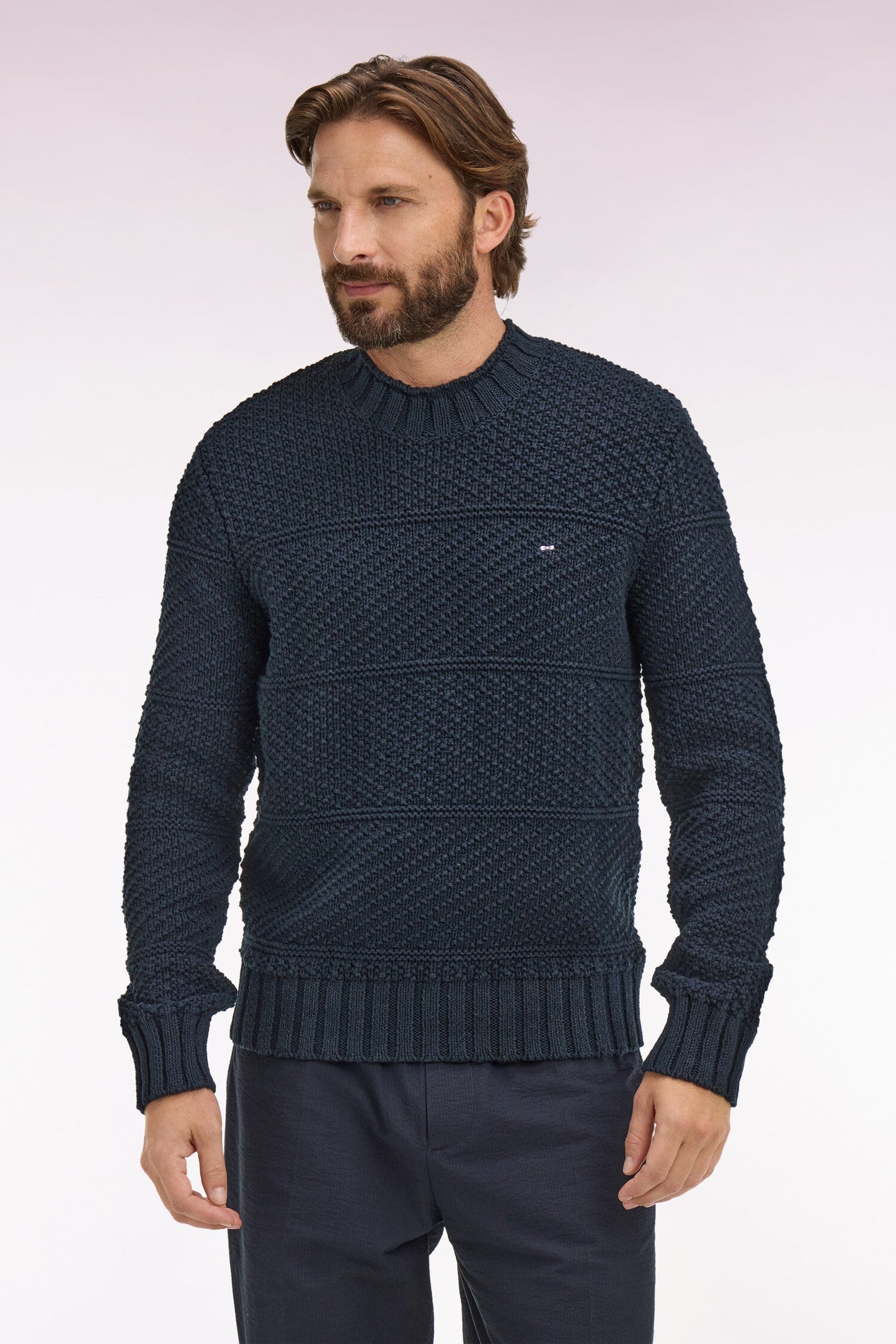 Pull col montant en lin et coton marine