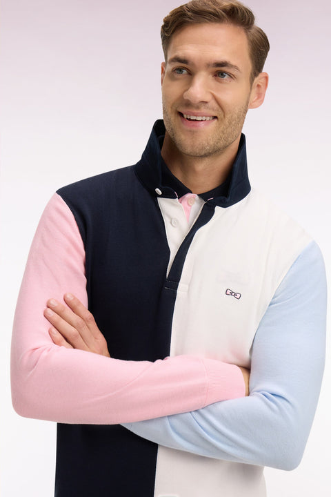 Pull col maillot en coton marine et blanc à manches contrastées - Image 1