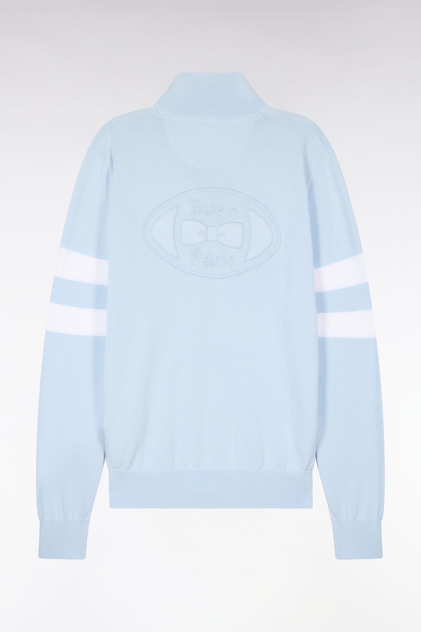 Pull col maillot en coton bleu ciel à double rayures manches