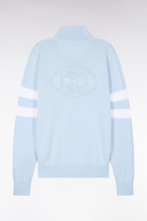 Pull col maillot en coton bleu ciel à double rayures manches - Image 2
