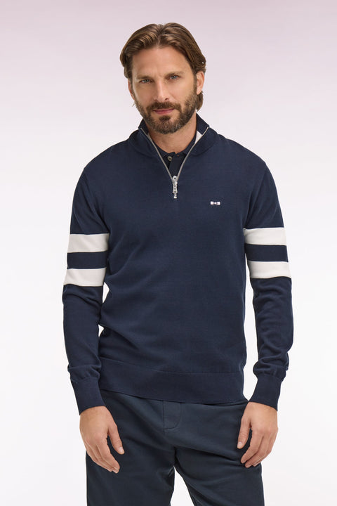 Pull col maillot en coton marine à double rayures manches - Image 1