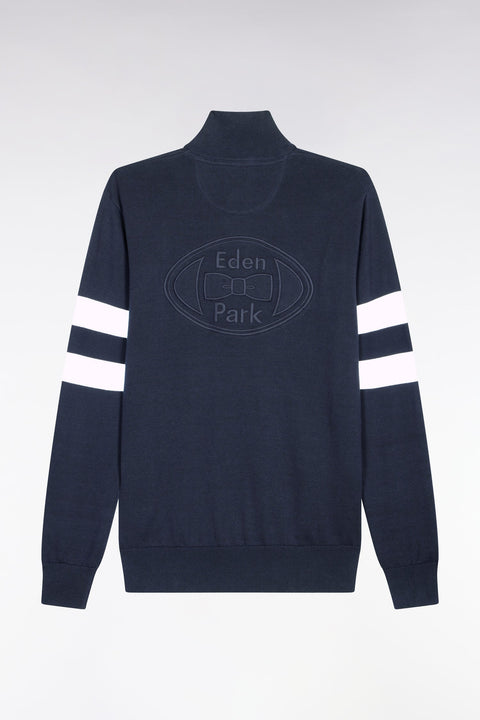 Pull col maillot en coton marine à double rayures manches - Image 2