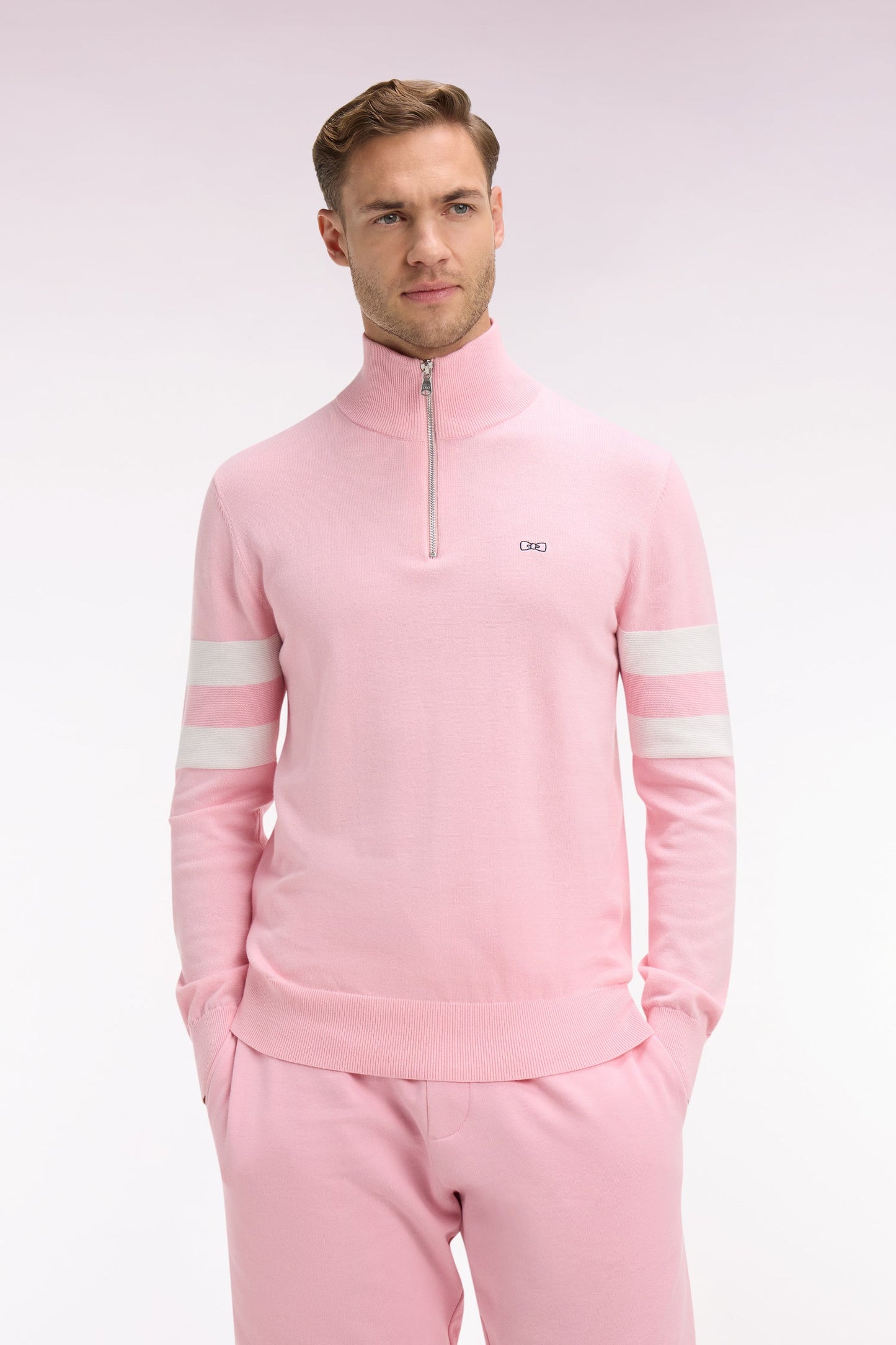 Pull col maillot en coton rose à double rayures manches