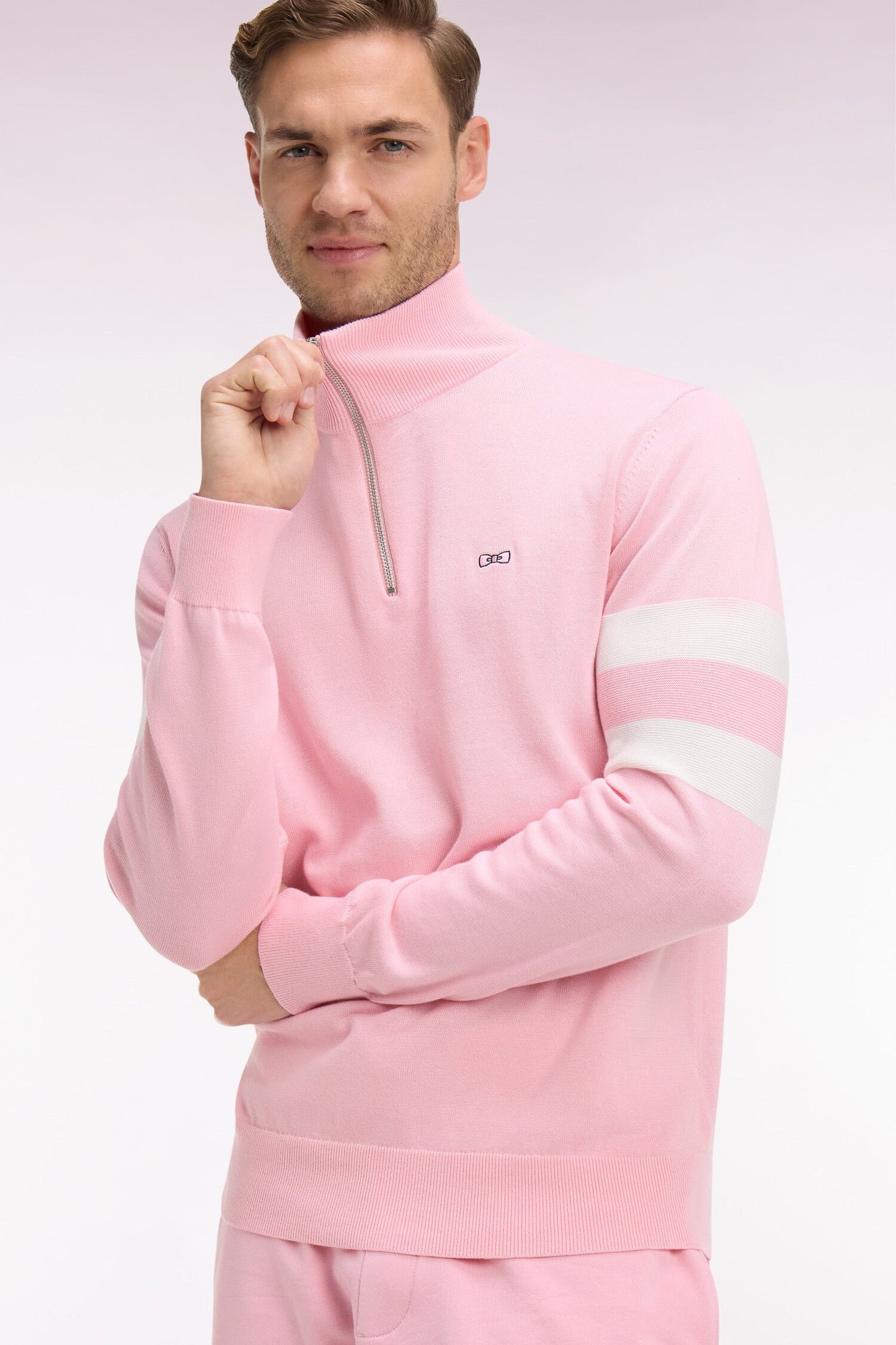 Pull col maillot en coton rose à double rayures manches