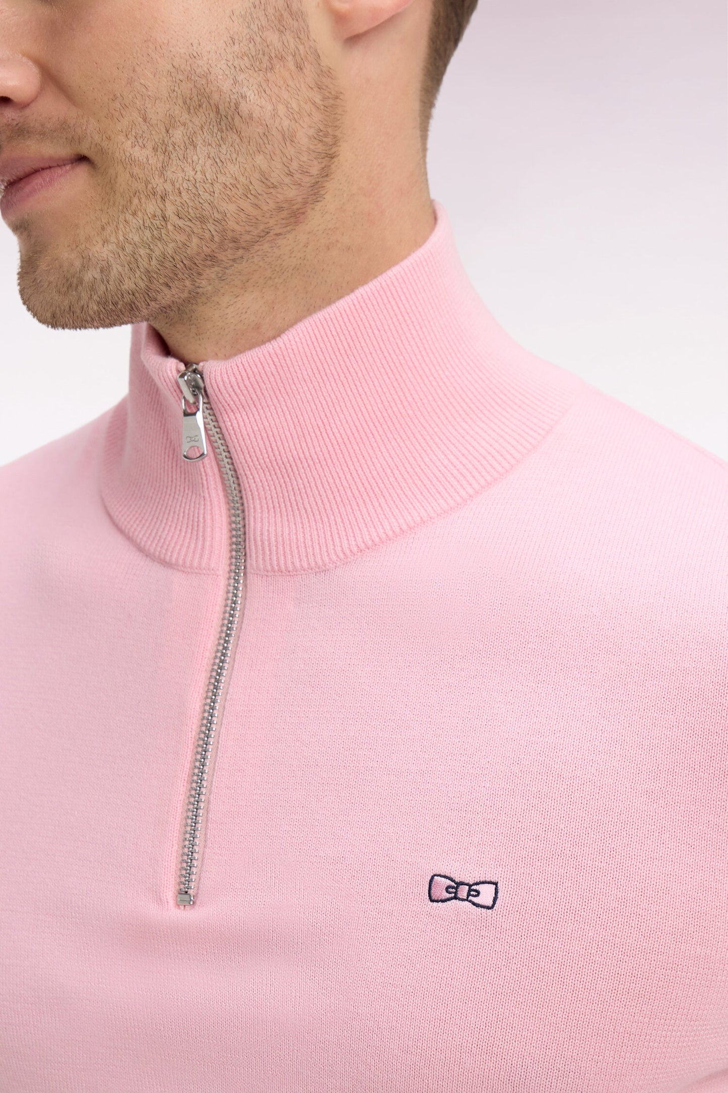 Pull col maillot en coton rose à double rayures manches