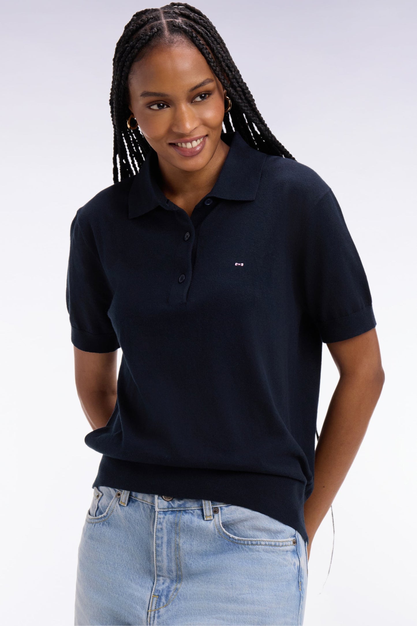 Pull polo à manches courtes en coton et soie mélangés marine coupe regular