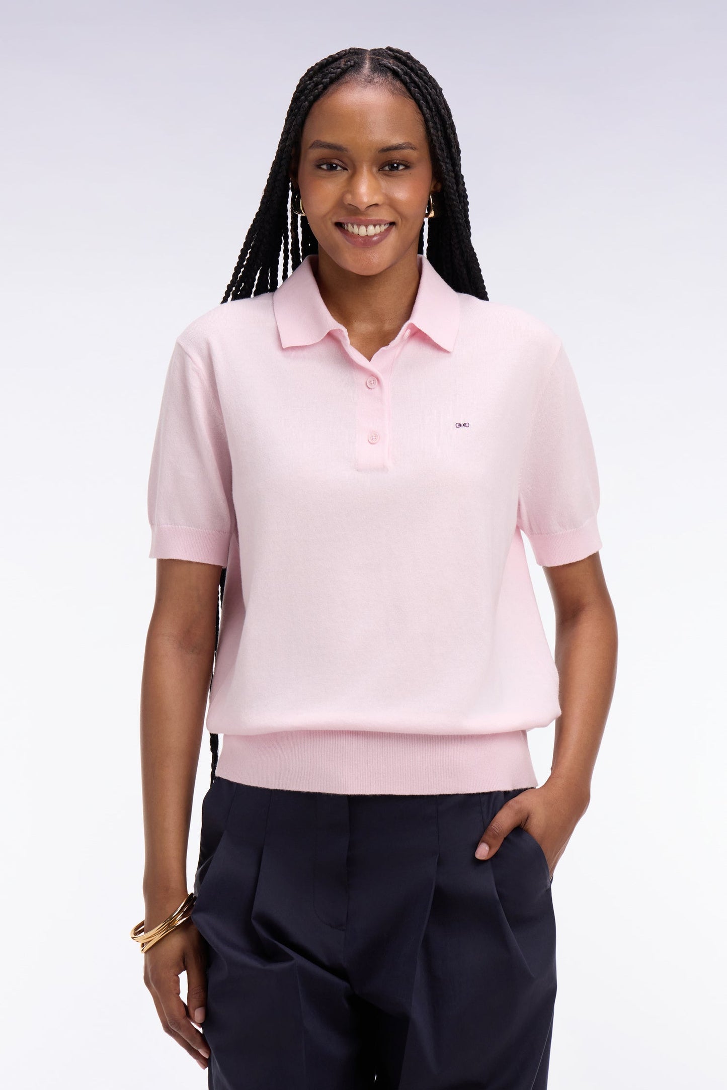 Pull polo à manches courtes en coton et soie mélangés rose coupe regular