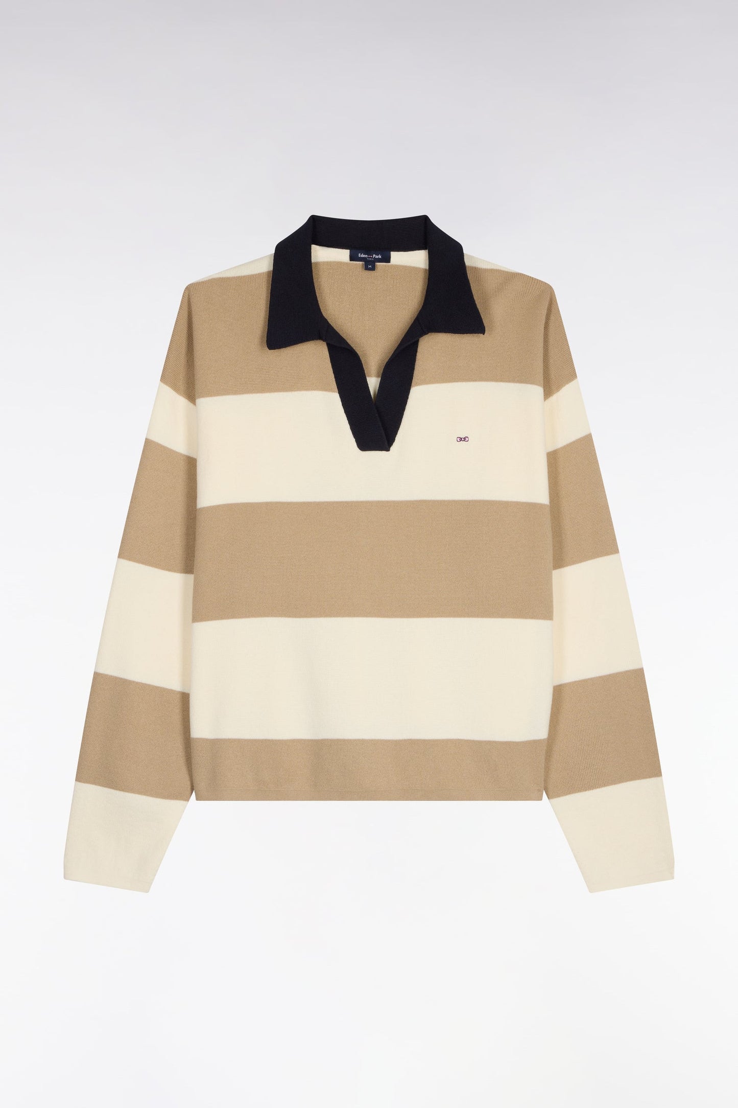 Pull col polo en coton rayé beige et écru coupe oversized