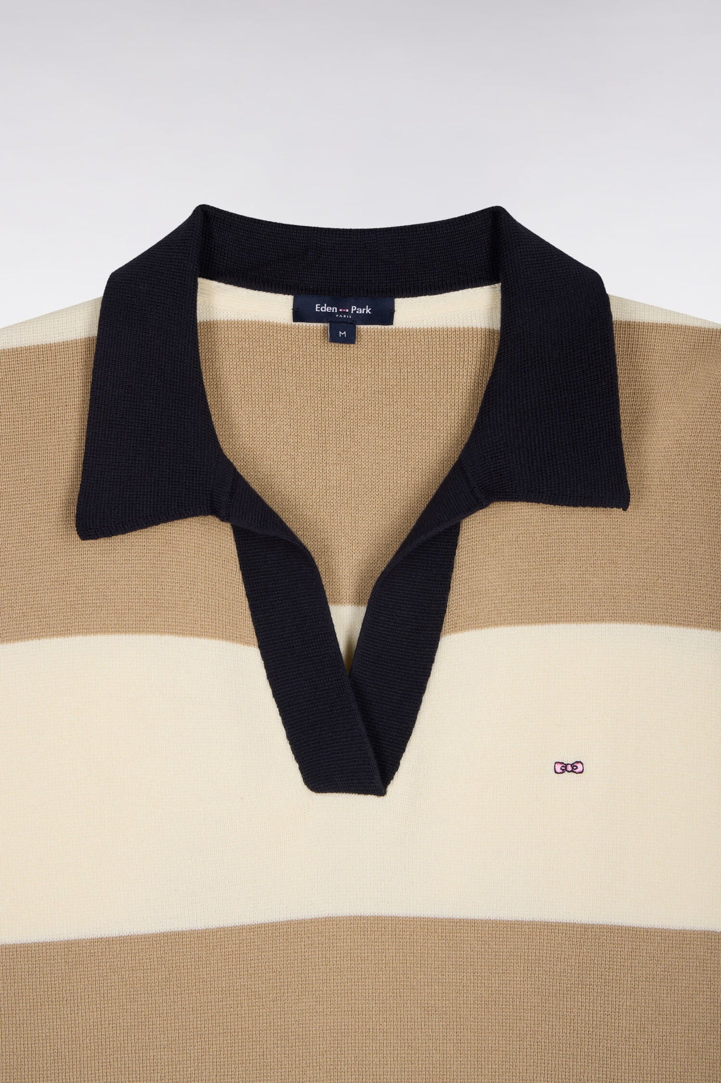 Pull col polo en coton rayé beige et écru coupe oversized