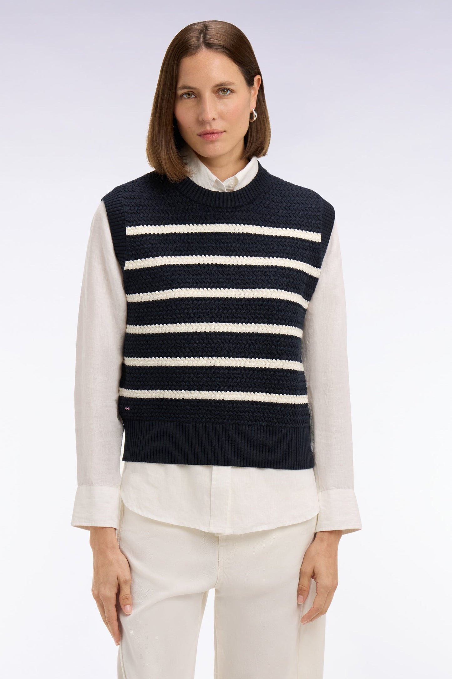 Pull marinière sans manche en coton tressé marine