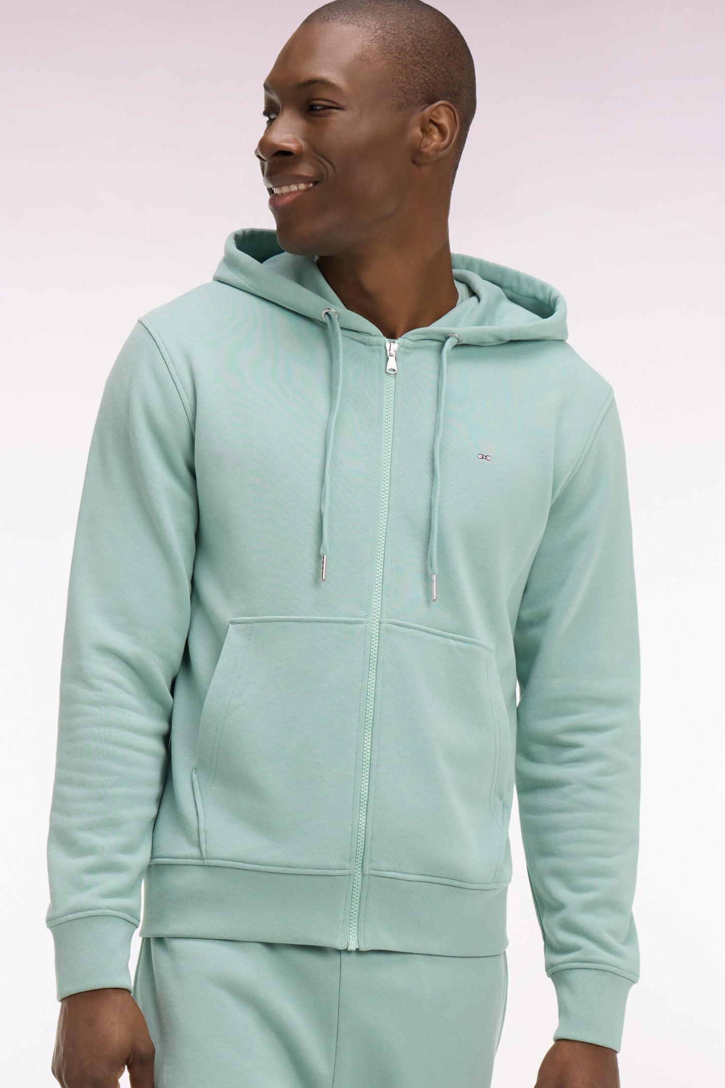 Sweatshirt zippé à capuche en molleton coton vert d'eau