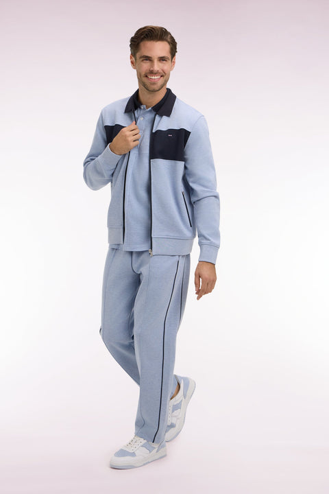 Sweatshirt zippé col polo en molleton bleu ciel - Image 1