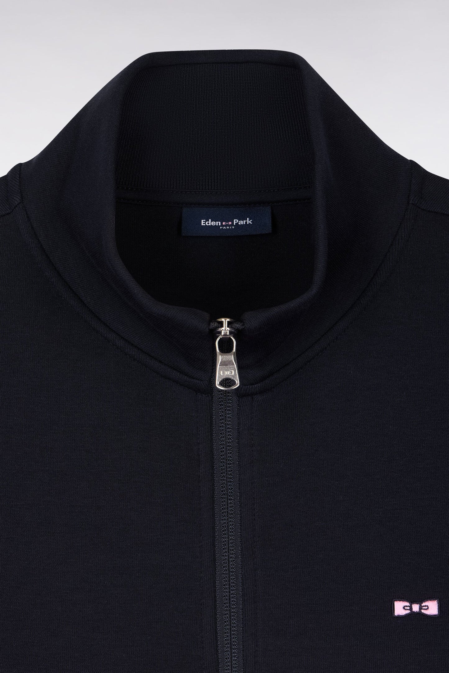 Sweatshirt zippé en molleton marine bande rose
