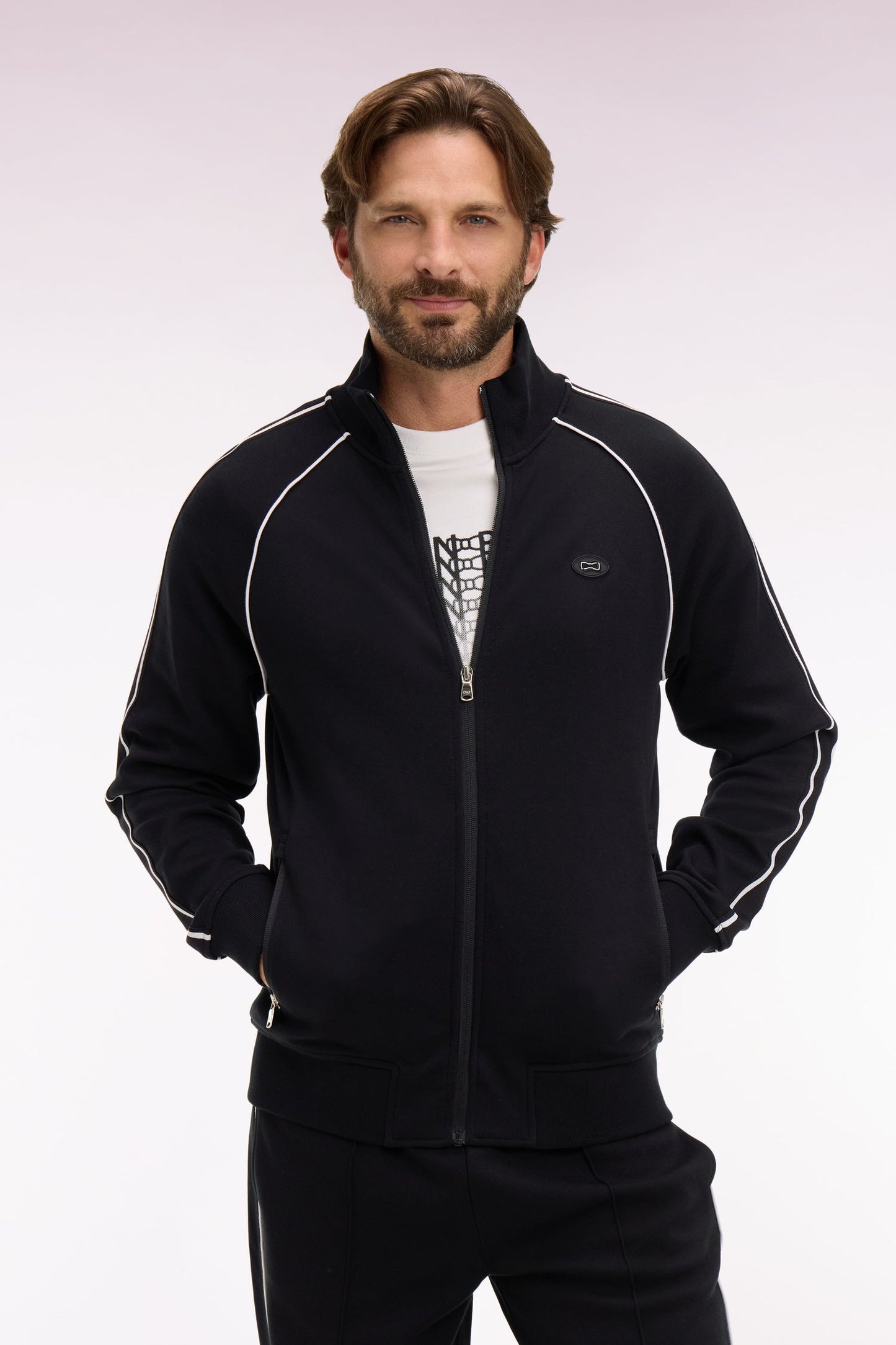Sweatshirt zippé en interlock noir découpes ruban coupe regular