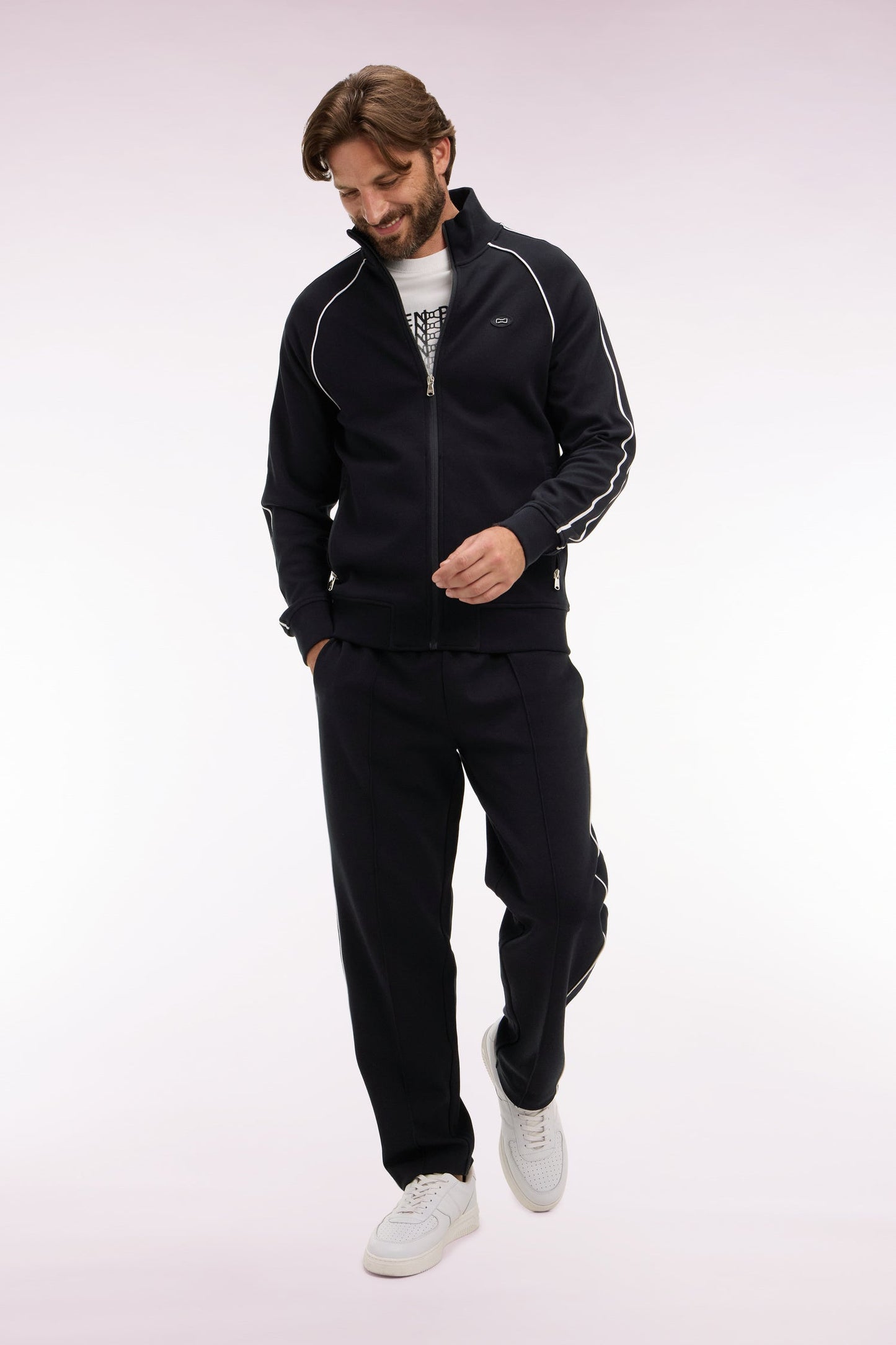 Sweatshirt zippé en interlock noir découpes ruban coupe regular
