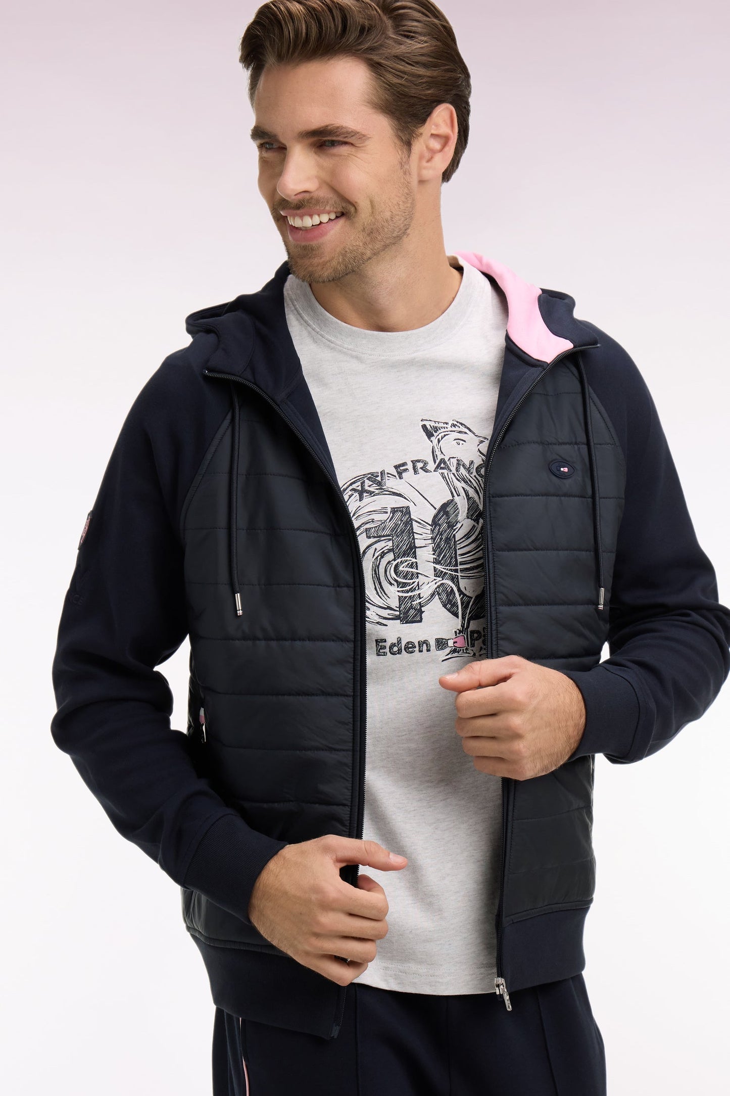 Sweatshirt zippé XV de France à capuche en molleton à parmenture matelassée marine coupe regular