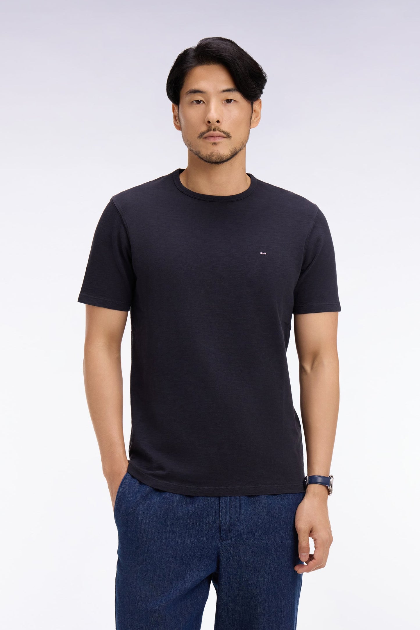 T-shirt à manches courtes en jersey de coton slub marine coupe regular