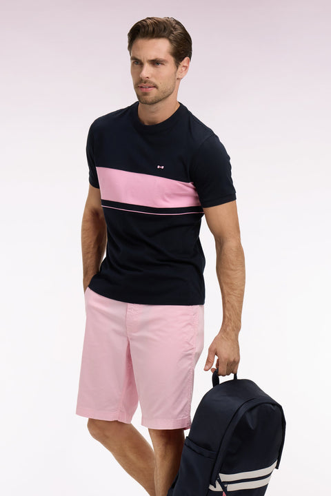 T-shirt à manches courtes en coton marine découpes roses coupe regular - Image 1