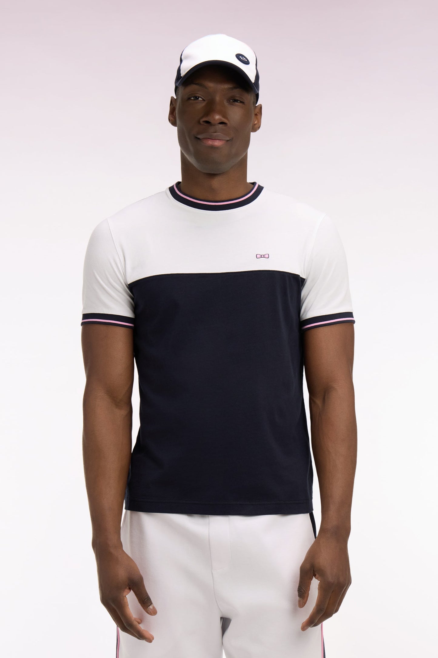 T-shirt à manches courtes en bicolore blanc et marine coupe regular