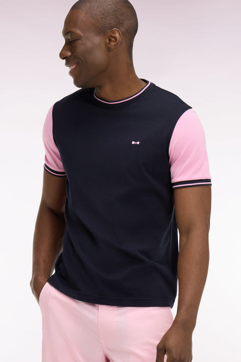 T-shirt à manches courtes en coton marine manches roses coupe regular - Image 1