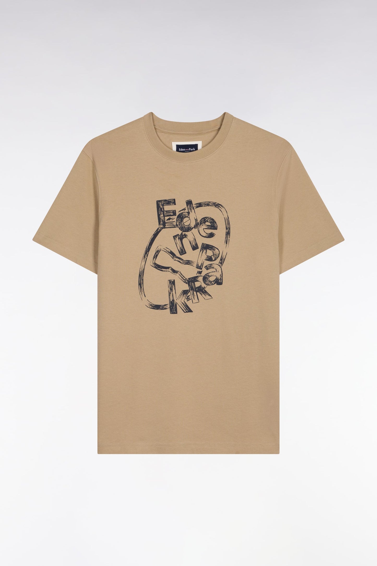 T-shirt à manches courtes en coton beige sérigraphié coupe regular